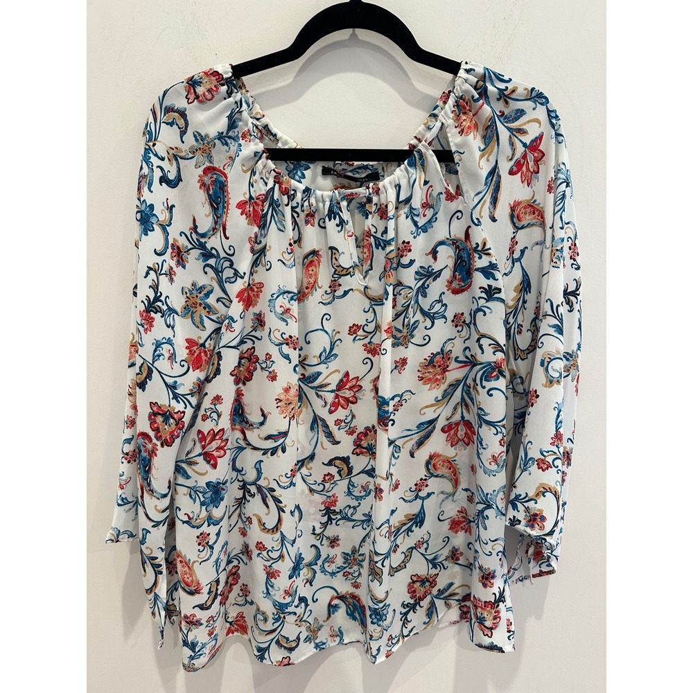 Zac & Rachel Floral Paisley Peasant Blouse White Blue Red Long Sleeve Large